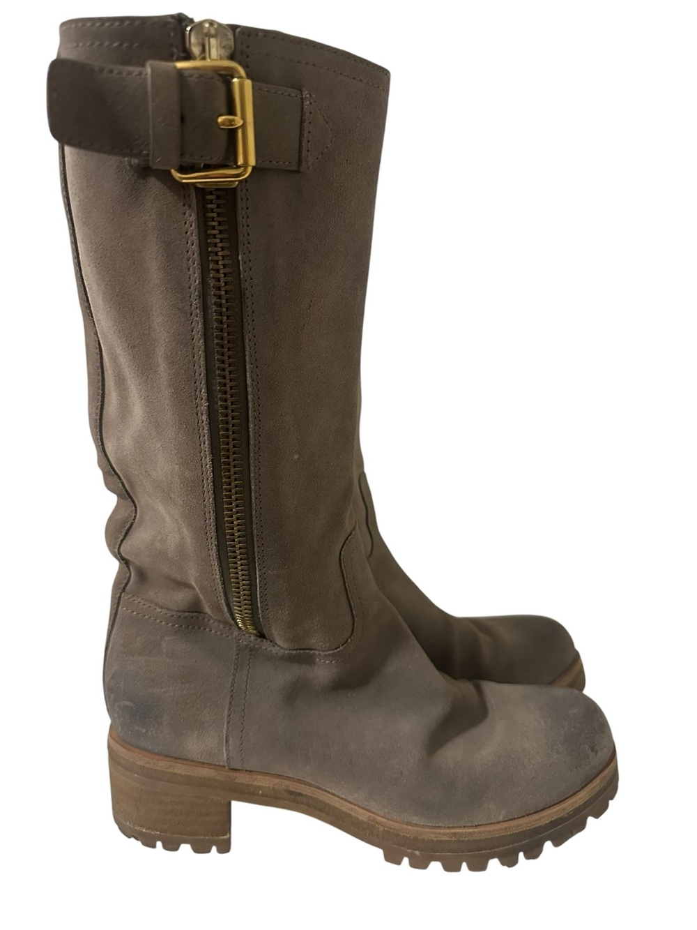 Prada Taupe Suede Over-the-Knee Boots with Gold Hardware - Picture 5 of 15